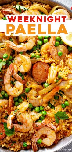 a bowl filled with shrimp, peas and rice