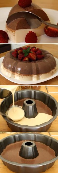 chocolate cake with strawberries on top being made