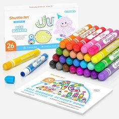 the children's art kit includes markers, crayons and coloring paper