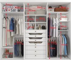 an organized closet is shown with measurements for the drawers and clothes hanging on it's sides