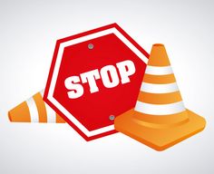 a red stop sign sitting next to a traffic cone on top of a white background