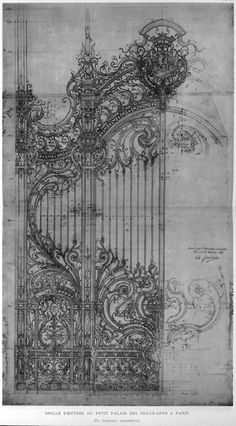 an architectural drawing of a gate with intricate designs on it, and the top section is drawn