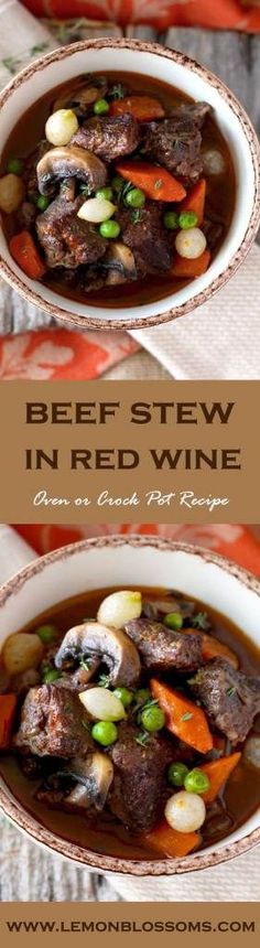 beef stew in red wine with carrots and peas