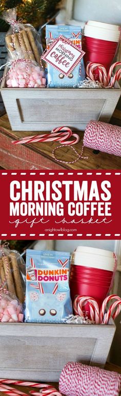 christmas morning coffee gift box with candy canes and marshmallows in it