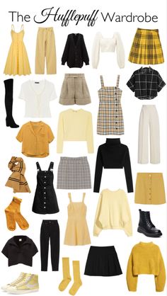 Modern Hogwarts Outfits, Hufflepuff Dress Aesthetic, Hufflepuff Universal Outfit, Hufflepuff Style Outfit, Hufflepuff Womens Outfit, Helga Hufflepuff Cosplay, Hufflepuff Casual Outfit, Hogwarts Hufflepuff Outfit, Hufflepuff Costume Ideas