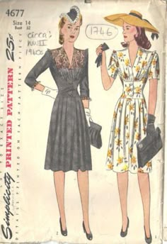 1940s WW2 Vintage Sewing Pattern B32" DRESS (1746) | eBay 40s Mode, 1940s Dress Pattern, 1940's Fashion, Patron Vintage, Fashion 1940s, 40s Dress, Vintage Dress Patterns, 40s Fashion, 1940s Dresses