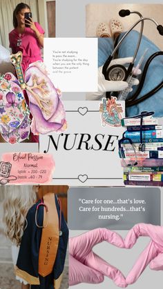 the collage has many different pictures and words on it, including a nurse's stethoscope