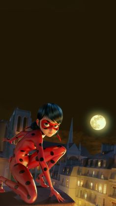 a cartoon ladybug sitting on top of a building next to a full moon