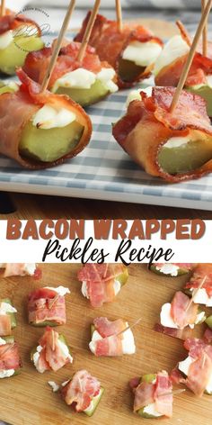 bacon wrapped pickles on a cutting board with toothpicks sticking out of them