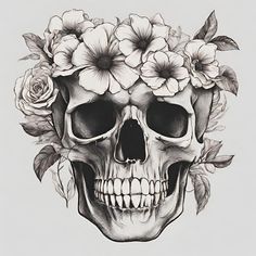 a drawing of a skull with flowers on its head