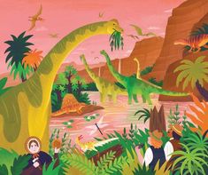 an image of dinosaurs in the jungle with people looking at them and birds flying around