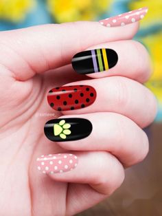 Miraculous Nails Ideas, Ladybug And Cat Noir Nails, Miraculous Ladybug Nail Art, Miraculous Ladybug Nails, Ladybug Nail Art, Ladybug Nails, Ladybug E Catnoir, Beauty Hacks Nails, Punk Nails