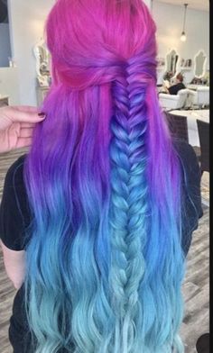 Unicorn Hair Dye Colors, Pink And Purple And Blue Hair, Blue And Pink Hair Ombre, Pink Purple Blue Ombre Hair, Light Blue And Pink Hair, Pink Purple Blue Outfit, Purple And Blue Hair Color Ideas, Color For Red Heads, Pink To Blue Hair