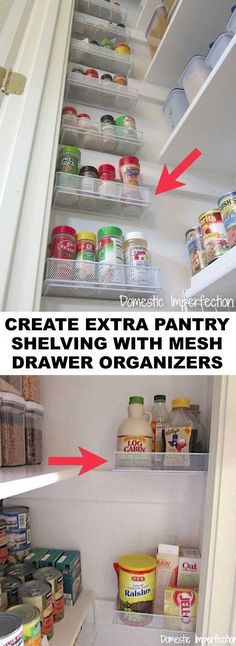 an open refrigerator with shelves full of food and labeled labels on the bottom, below