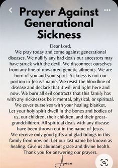 a prayer card with the words prayer against generational sickness written in black and white