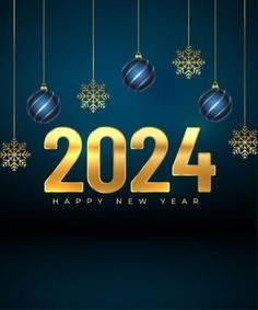 a blue and gold new year's card with ornaments hanging from the strings that says,