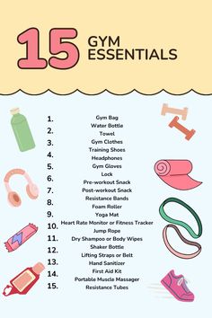 a poster with the words 15 gym essentials and their corresponding items for each individual