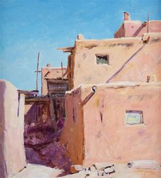 an oil painting of adobe buildings in the desert