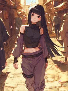 a woman walking down a street with long black hair