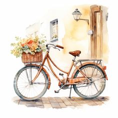 a watercolor painting of a bicycle with flowers in the basket next to a building