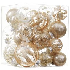 a clear box filled with gold and silver christmas bauble ornament ornaments