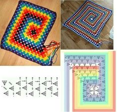 four pictures with different patterns on them and one has a crochet square in the middle