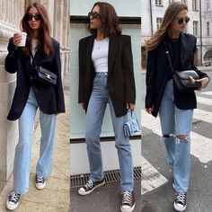 Black Outfits Ideas, Casual Work Attire, Blazer Outfits Casual, Blazer Outfits For Women, Daily Fashion Inspiration, Black Outfits, Outfits With Converse