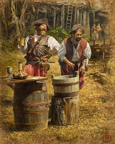 two men in pirate garb standing next to barrels