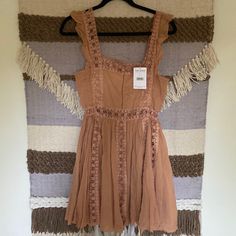 Adorable! Peachy Colored Boho Dress. Sooo Comfy, Soft Fabric. Size M Made In India. New With Tags But Has A Few Small Holes In The Back Sleeveless Apricot Mini Dress With Ruffles, Peach Sleeveless Dress With Lace Trim, Sleeveless Peach Dress With Lace Trim, Free People Boho Dress, School Dance Dresses, Embroidered Dress Boho, Macrame Dress, Embroidered Tunic Dress, Free People Boho