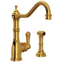 a golden faucet with two handles