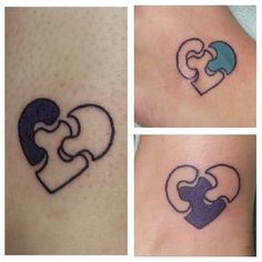 four different pictures of two pieces of a heart and one piece of a puzzle tattoo