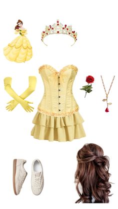 a yellow corset, shoes and accessories are arranged in the shape of princesses