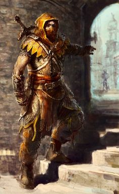 a painting of a man in armor walking up some steps