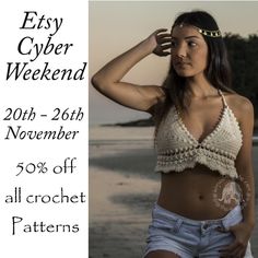 a woman wearing shorts and a crochet top with the words etsy weekend sale on it