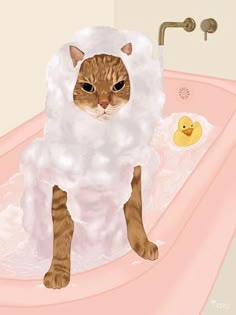 a cat sitting in a bathtub with a rubber ducky on it's back