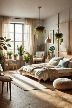 a bedroom with lots of plants in the window and on the bed, there are two chairs