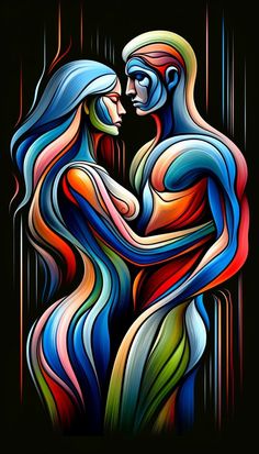 an abstract painting of two people embracing each other with colorful lines in the background and black background