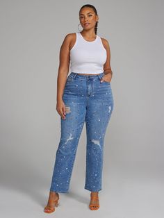 Plus Size High Rise Rhinestone Straight Leg Jeans | Fashion to Figure Plus Size Flare Jeans, Deconstructed Denim, Eve Best, Size 12 Fashion, Figure Dress, Workwear Essentials, Wear To Work Dress, Fashion To Figure, Black Dresses Casual