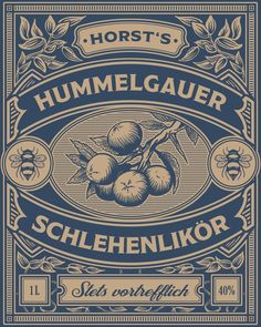 Vintage-inspired label for home-distilled blackthorn liquor from Hummelgau in Germany showing blackthorn berries and bumblebees Vintage Wine Label, Logo Design Inspiration Vintage, Vintage Beer Labels, Logos Vintage, Creative Typography Design, Beer Label Design, R Logo, Vintage Logos, Wine Label Design