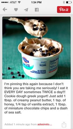 an ice cream bowl with chocolate chips in it and the caption reads, i'm pinning this again because i don't think you are taking me seriously