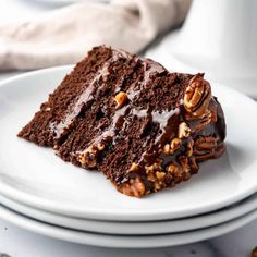 a piece of chocolate cake on a white plate