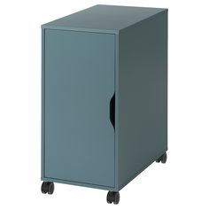 a blue cabinet with wheels on the bottom and an opening in the front that is closed