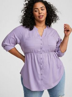 FIT Model is 5'10” wearing size 2. Measures 34” from shoulder (size 2). Babydoll silhouette. MATERIALS + CARE Challis woven fabric: New, improved, and loved by all—and still lightweight, drapey, and (really! ) machine-washable. . Stretch level: None. . 72% rayon, 28% polyester. Machine wash cold. Tumble dry low. Imported. DETAILS Split neckline. Button up. Chest pockets. Long sleeves. The best plus size women's emma babydoll challis tunic the in dusk made of washchallis. Torrid is your destinati Plus Size Leisure Wear, Woman Within Plus Size Clothing, Drop Shoulder Shirt, Rayon Shirt, Western Boho, Denim Button Down, Women Outfits, Winter Clothes, Tunic Length