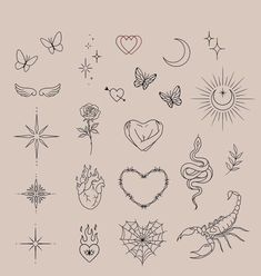 a collection of different tattoo designs on a light gray background with stars, hearts, and sunbursts