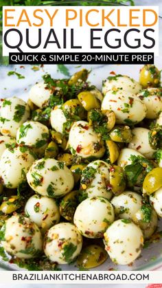 easy pickled quail eggs in a white bowl