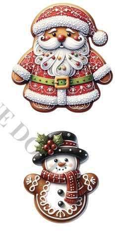 two christmas decorations with santa claus and snowman