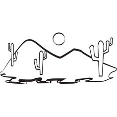 a black and white drawing of mountains with cacti