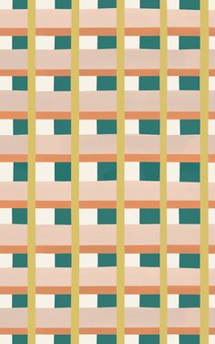 an abstract pattern with squares and rectangles in shades of green, pink, yellow and beige