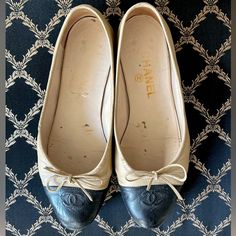 Still Some Life Left In These! Purchased On Poshmark And Worn A Handful Of Times, There Is Cracking On The Paint As Shown In Photos Shoes Chanel, Chanel Shoes, Black Tan, Black And Tan, Flat Shoes Women, See Photo, Ballet Flats, Loafer Flats, Two Tone