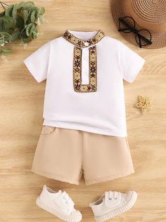 White  Collar   Tribal  Embellished Non-Stretch  Baby Boys Clothing Shorts Casual Outfit, Outfit For Spring, Shorts Casual, Khaki Shorts, Summer Baby, White Collar, Boys Clothing, Primavera Estate, Short Sleeve Top